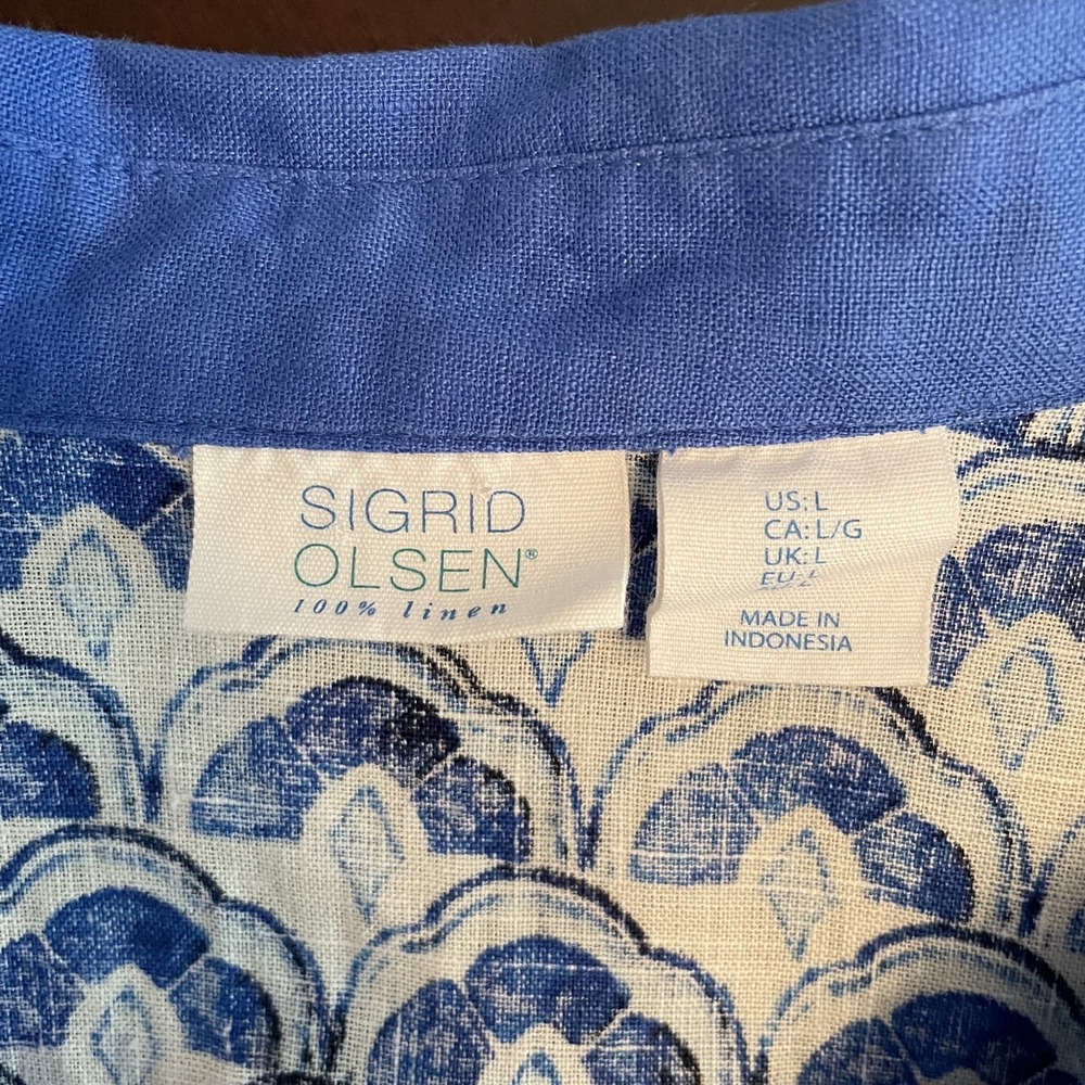 Sigrid Olsen Linen Patterned Tunic Top Blue L Resort Beach Coastal Sustainable - Picture 3 of 10